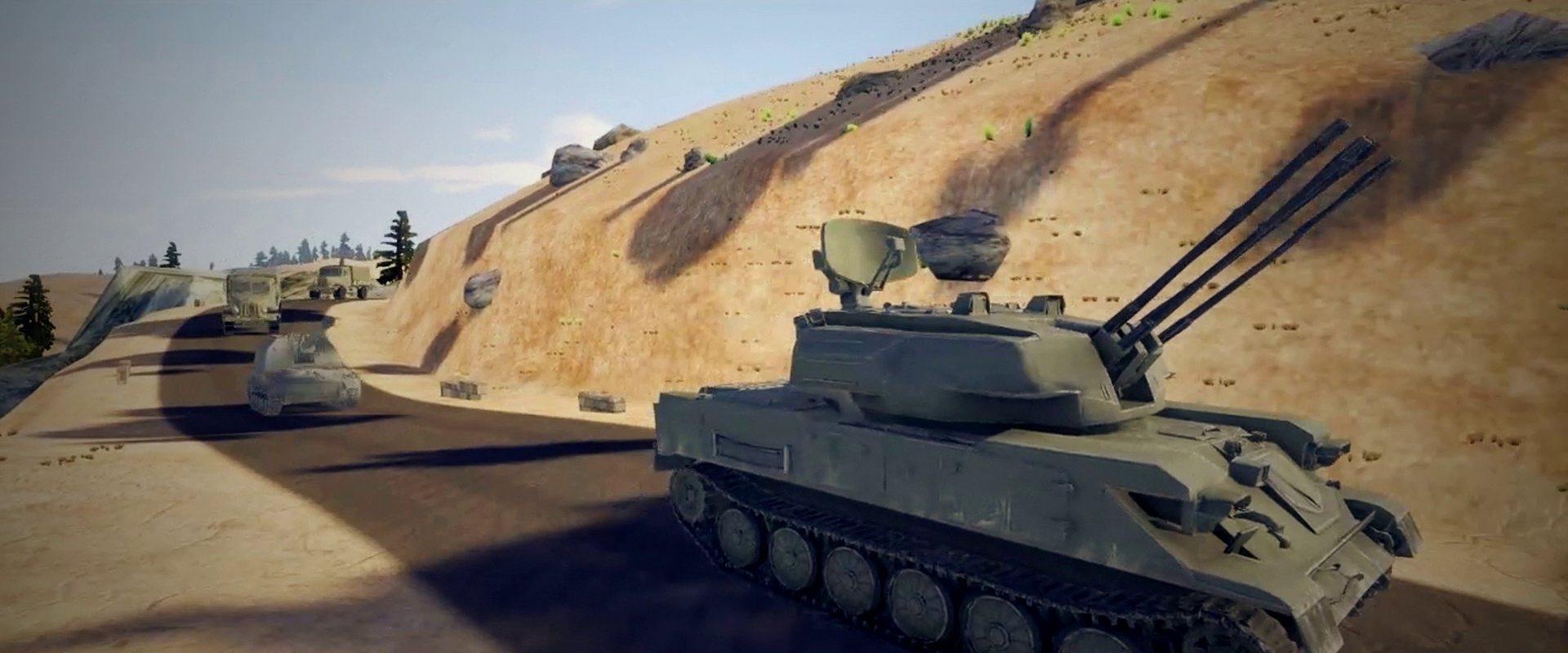 An anti-aircraft vehicle on a desert road