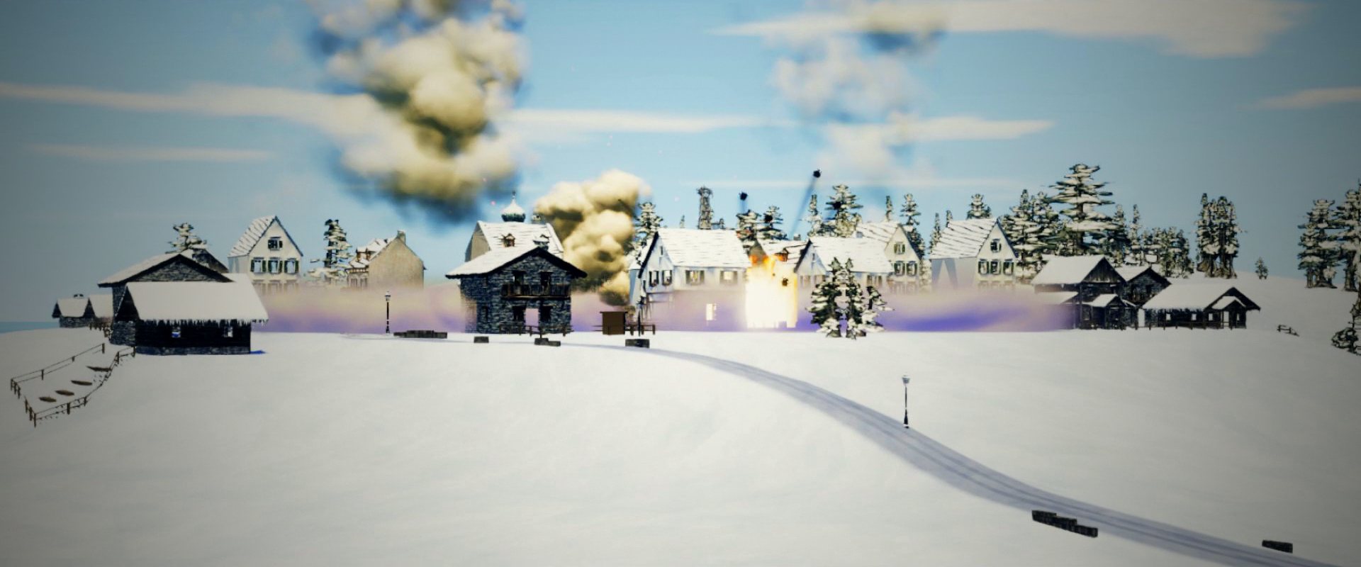Artillery shells bursting in a snowy town