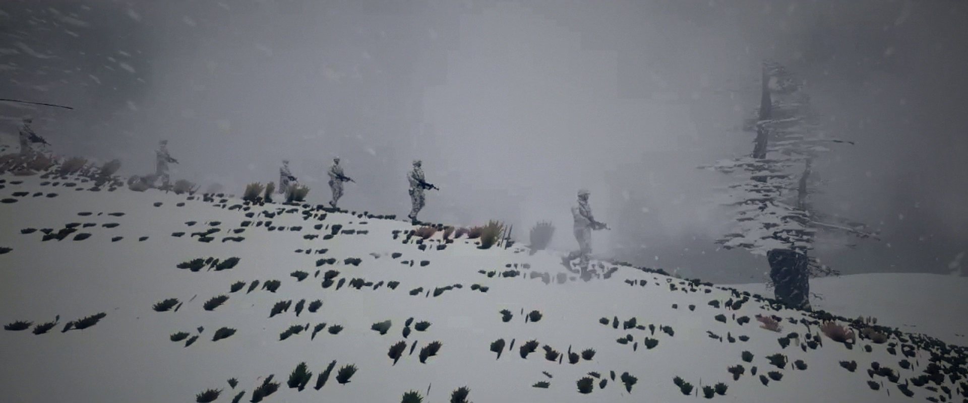 A squad walking through a blizzard