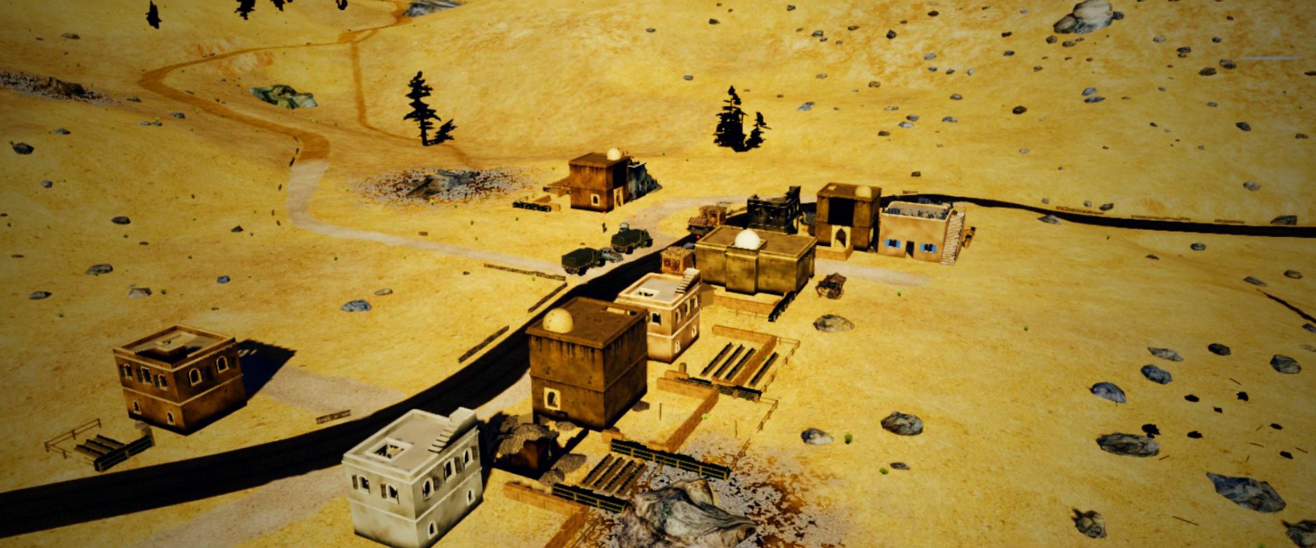 A desert town beside a road
