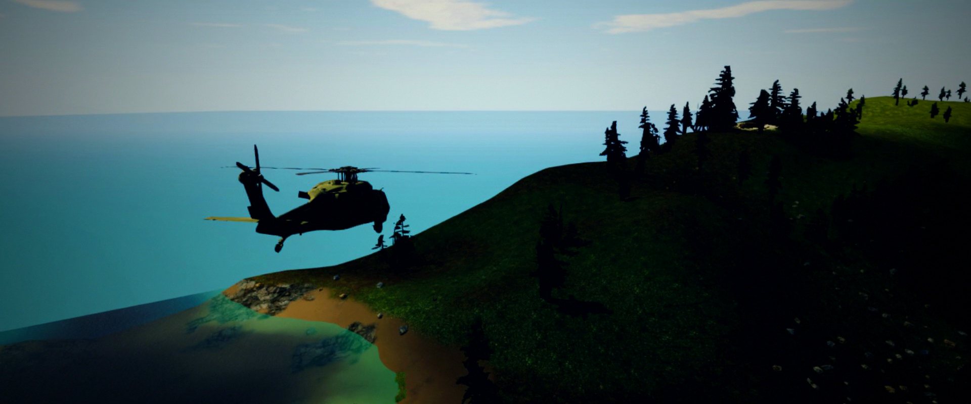 A transport helicopter flying along a generated coastline