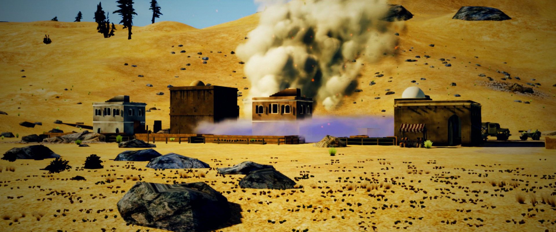 Smoke rising from a desert town after a jet strike