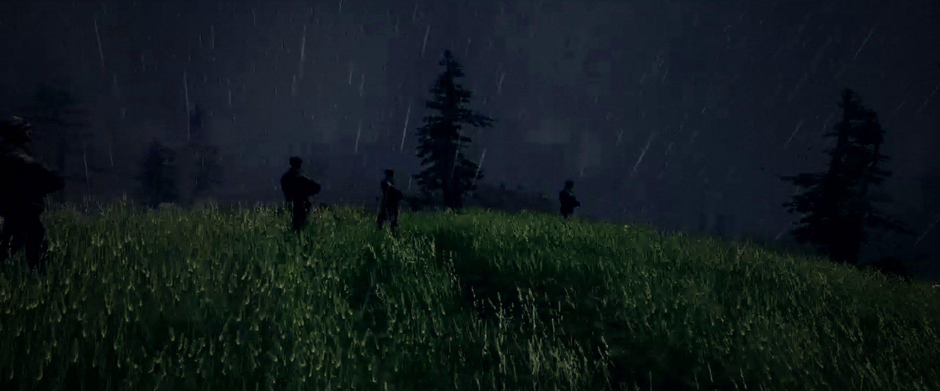 Soldiers on a dark hillside in the rain at night