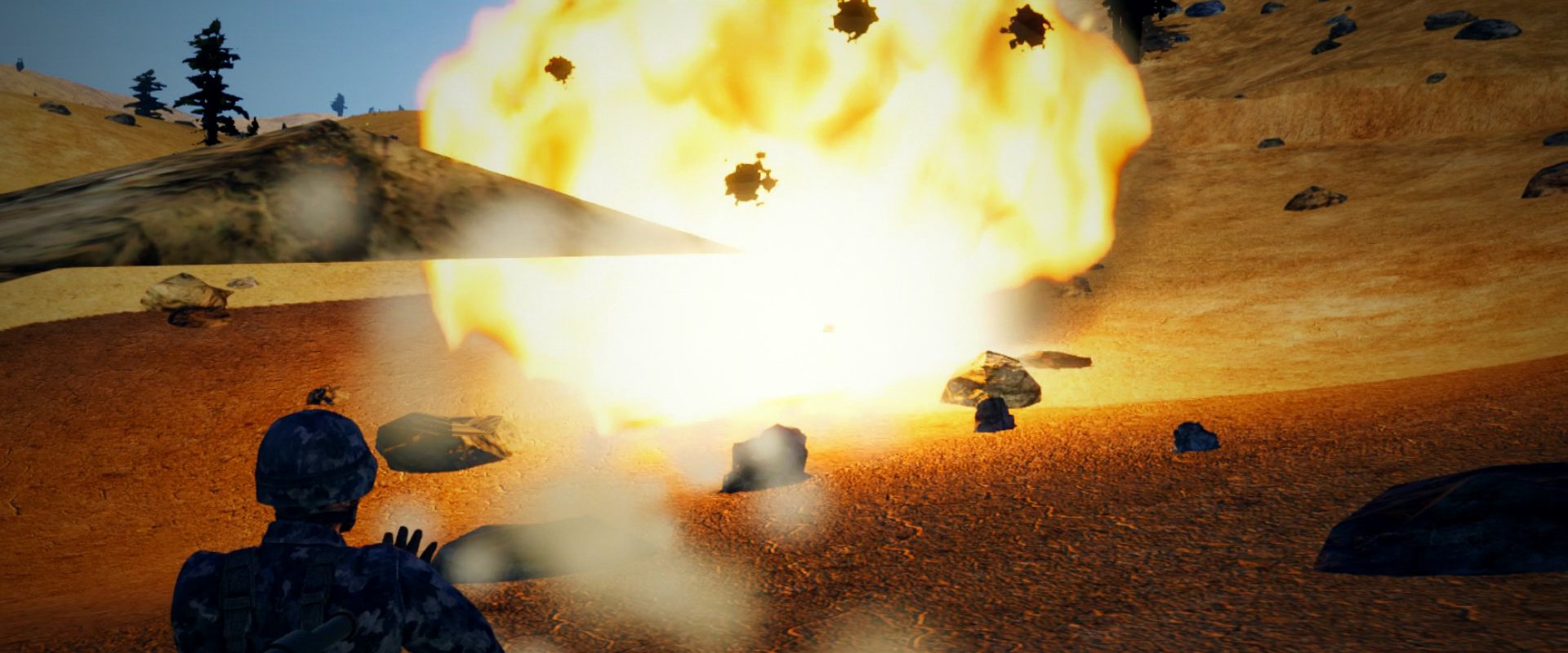 A soldier watching a rocket hit a vehicle