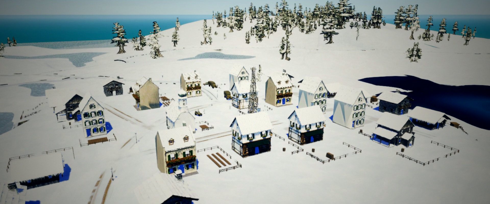 A snow-covered town by a frozen shore