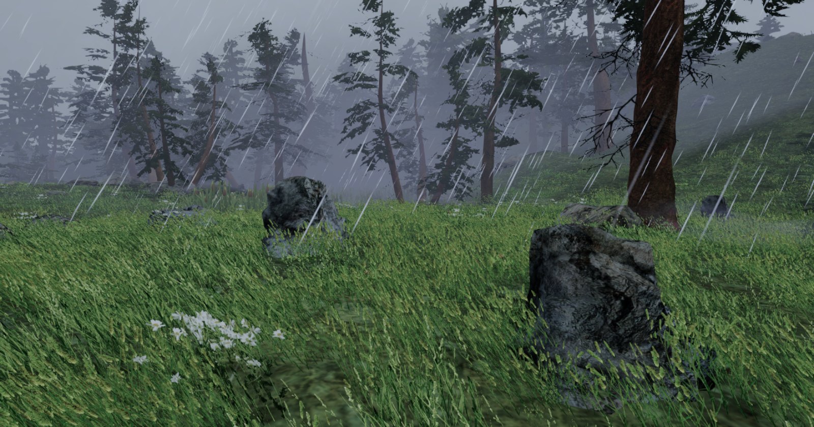 Trees bending in a rainstorm