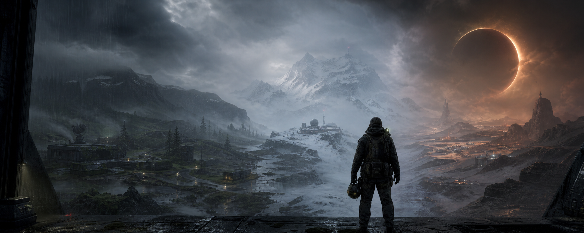 A solitary operative overlooking military, frozen, and alien worlds