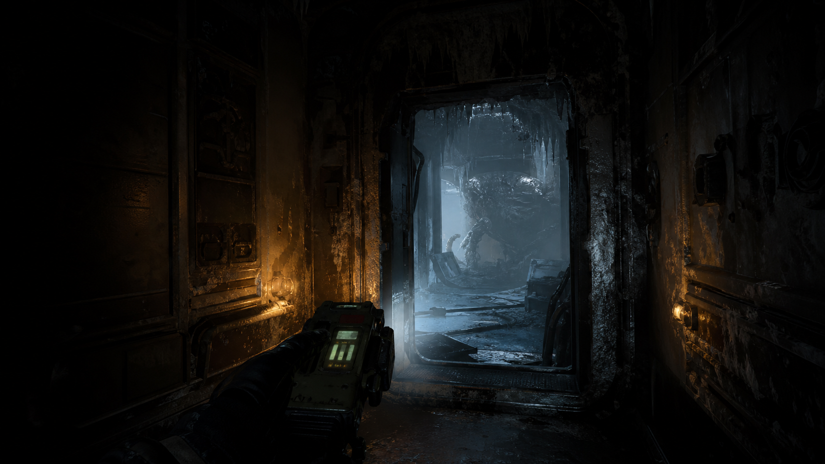 A frozen research habitat with an alien presence beyond the door