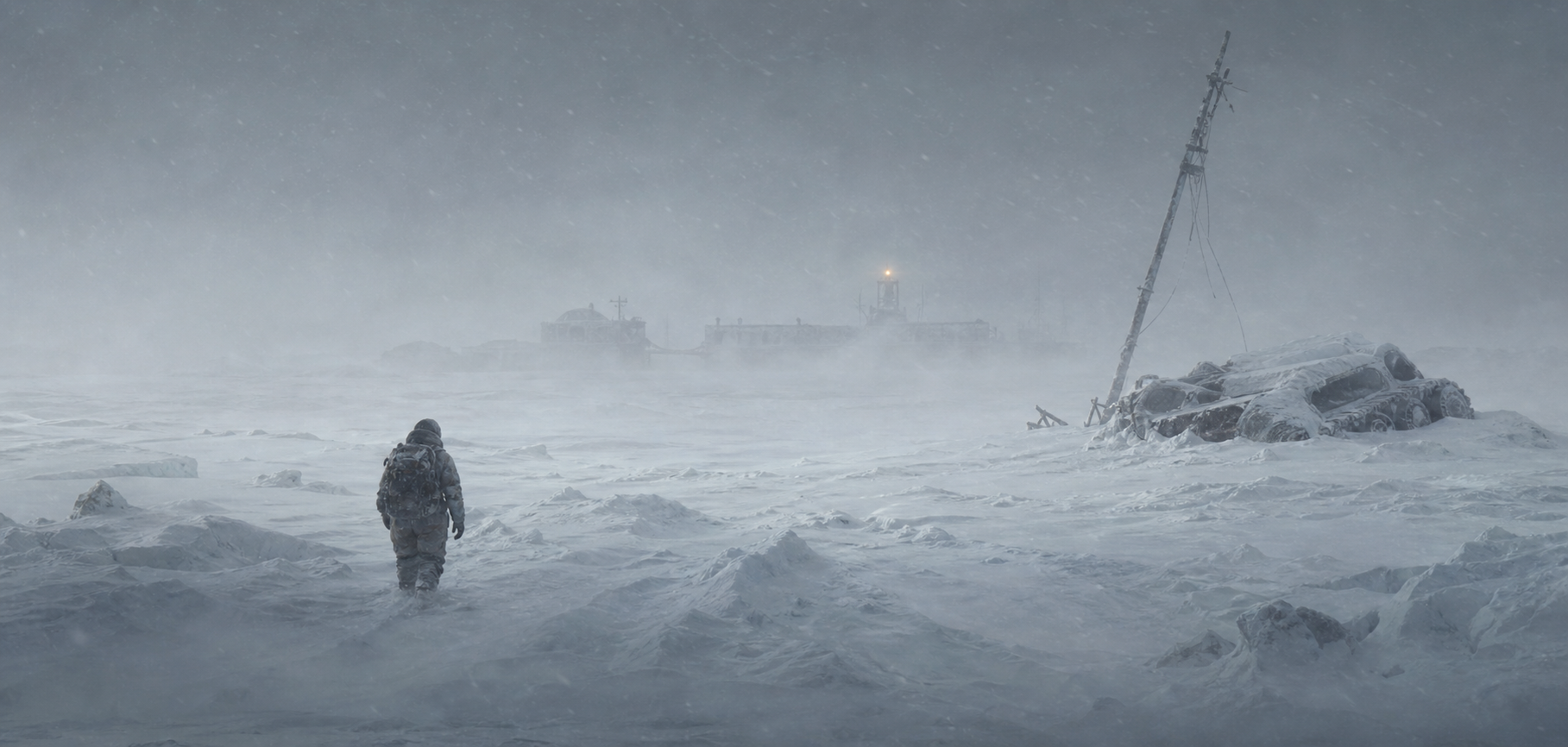 A lone polar explorer approaching an abandoned station through a whiteout