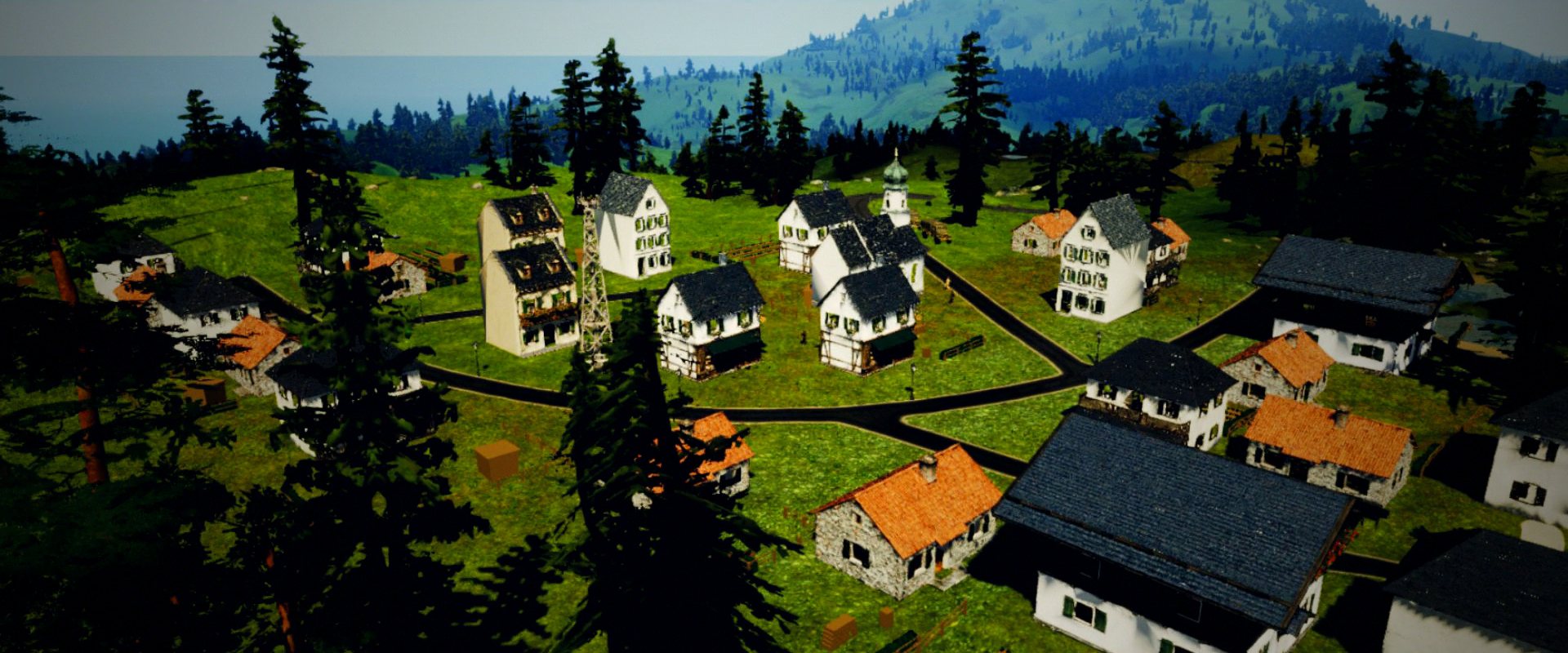 A village among pine trees seen from the air